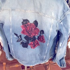 PAIGE JEAN JACKET VINTAGE popular distressed or destroyed look fad 🌹👀on back👀